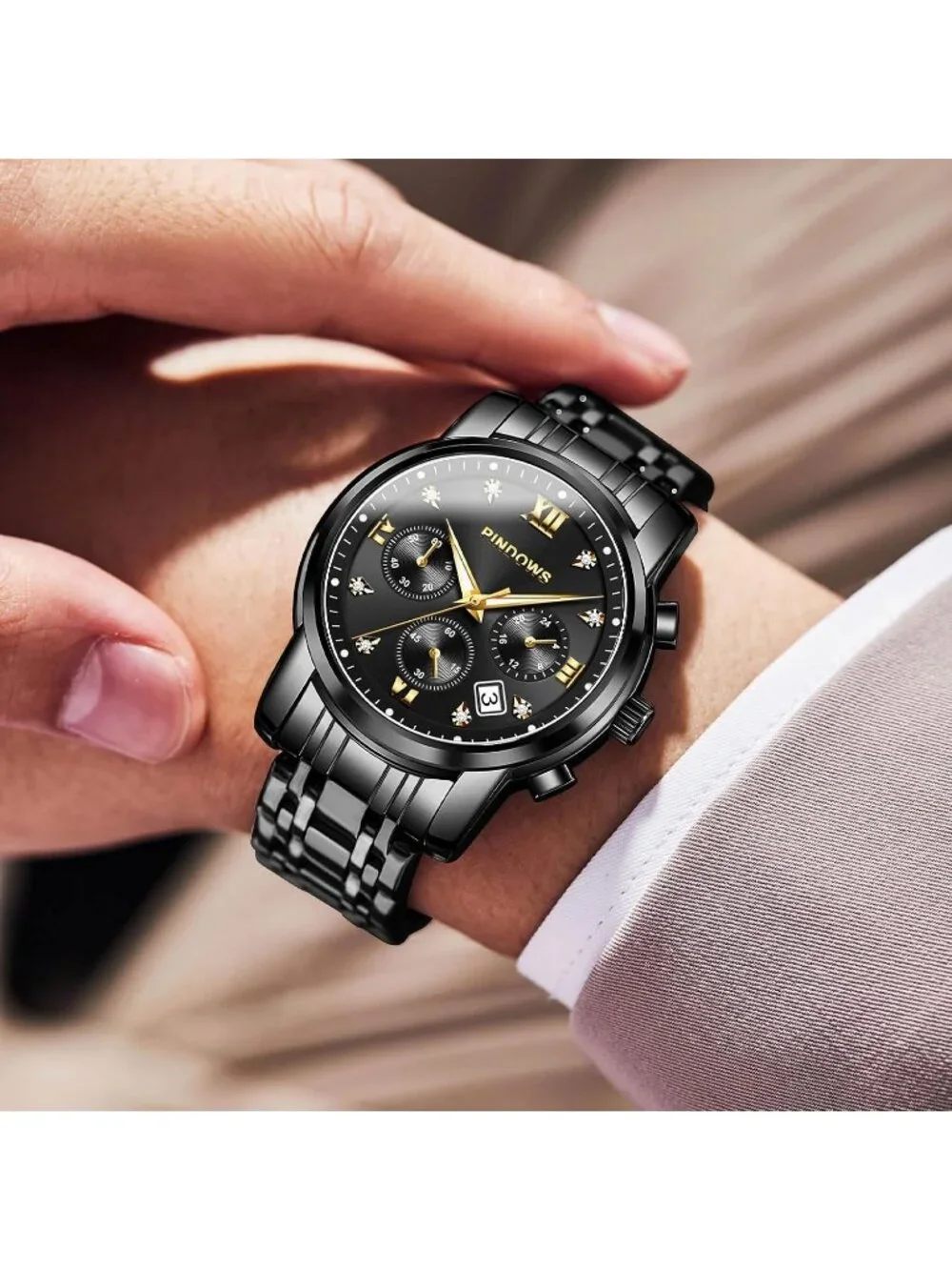 Men's All Black Classic Quartz Watch Stainless Steel Diamond Dial Wrist Watch